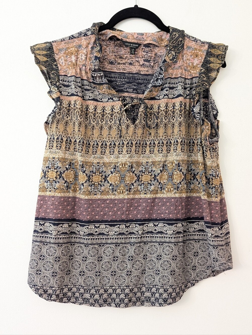 Lucky Brand Boho Mixed Print Ruffle Sleeve Blouse Keyhole Top Large